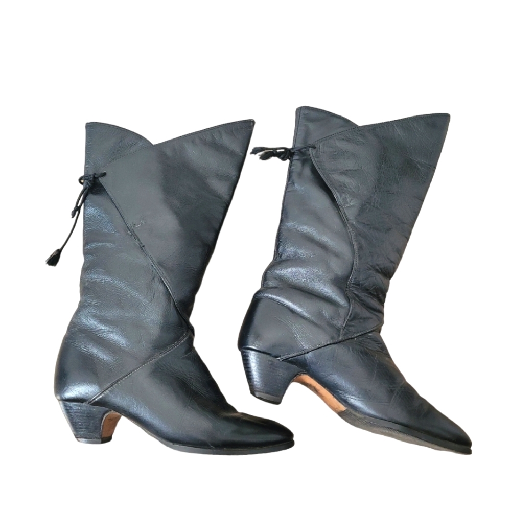 Vintage 80's black genuine leather mid calf boots Size 7 - Picture 5 of 16